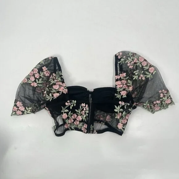 Shein Sheer Crop Top Embroidered Floral Dark Romantic Sz Small - Picture 4 of 7